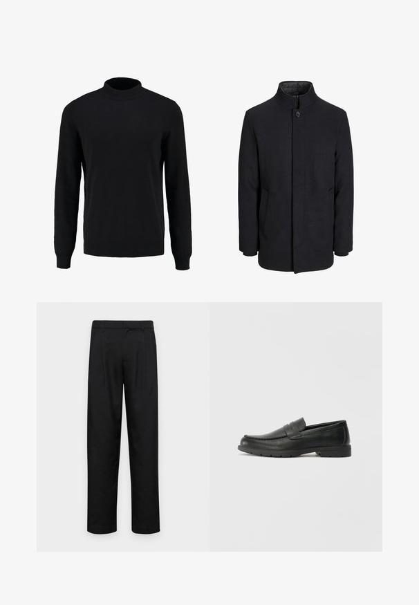 Men's svart ullfrakk med høy krage, skjult glidelås, en knapp lukking og sidelommer.; Svart strikket genser med høy krage, lange ermer og ribbestrikkede mansjetter og kant, med en glatt tekstur og klassisk silhuett.; Sorte bukser laget av glatt stoff, med rette ben, to frontfoldninger og standard liv med beltehemper.; Svart skinnloafers med glatt finish, mokkasin-stil overdel, broderte detaljer og gummisåle. Klassisk design med lav hæl.