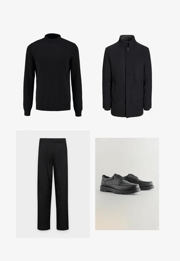 Herren schwarzer Wollmantel mit hohem Kragen, verdecktem Reißverschluss, einreihigem Knopfverschluss und Seitentaschen.; Schwarzer Strickpullover mit hohem Kragen, langen Ärmeln und gerippten Bündchen und Saum, der eine glatte Textur und eine klassische Silhouette aufweist.; Schwarze Hose aus glattem Stoff, mit geradem Bein Design, zwei vorderen Falten und einem Standardbund mit Gürtelschlaufen.; Schwarze Lederschuhe mit strukturiertem Obermaterial, runder Spitze, Schnürdesign und dicken Gummisohlen mit einem Profil.
