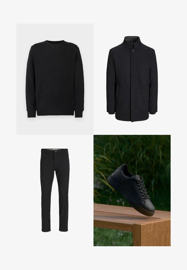 Męski czarny wełniany płaszcz z wysokim kołnierzem, ukrytym zamek błyskawicznym, zapięciem na jeden guzik oraz bocznymi kieszeniami.; Czarna bluza z okrągłym dekoltem, z długimi rękawami, z prążkowanymi mankietami i dołem, prezentowana na jednolitym białym tle.; Czarne spodnie z bawełnianego materiału w slim fit, z zapięciem na guzik, kieszeniami i podwiniętymi mankietami, co nadaje im swobodny charakter.; Czarny skórzany sneaker z sznurówkami zdaje się unosić nad drewnianą ławką, w zamglonym tle widać zieloną trawę i rośliny.
