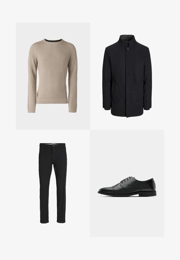 Cappotto da uomo in lana nera con colletto alto, zip nascosta, chiusura a un bottone e tasche laterali.; Jack & Jones JJPANNEL - Maglione - crockery; Pantaloni neri in cotone misto con vestibilità slim, dotati di chiusura con bottone, tasche e orli arrotolati per un look informale.; Scarpa da uomo in pelle nera con punta rotonda, design con lacci, dettagli di cucitura discreti e tacco basso. Texture liscia con finitura lucida.