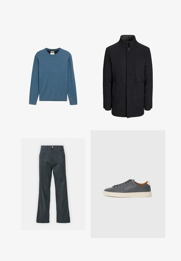 Férfi fekete gyapjú kabát magas gallérral, rejtett cipzárral, egy gombos záródással és oldalzsebekkel.; Kék kerek nyakú pulóver, amely puha pamutból készült, hosszú ujjakkal, bordázott mandzsettákkal és hempergővel, valamint egy kis logóval az elülső részén.; Fekete nadrág egyenes szárú fazonban, pamut keverék anyagból készült. Fém gombos záródással és oldalsó zsebekkel rendelkezik. Nincs látható mintázat.; Szürke bőr sportcipő kerek orral, gumitalppal, lapos fűzőkkel és világos színű részletekkel a sarkán. Simás textúrával és minimalista dizájnnal rendelkezik.