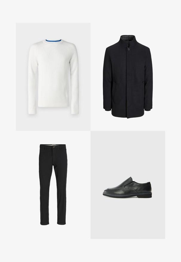 Cappotto da uomo in lana nera con colletto alto, zip nascosta, chiusura a un bottone e tasche laterali.; Pullover bianco a coste con maniche lunghe, scollo a giro e dettaglio blu sul colletto. Realizzato in tessuto testurizzato, presenta un design aderente.; Pantaloni neri in cotone misto con vestibilità slim, dotati di chiusura con bottone, tasche e orli arrotolati per un look informale.; Scarpa nera in pelle con inserto scivolare, superiore liscio, dettagli cuciti, punta arrotondata e tacco in gomma basso. La suola presenta un battistrada minimale.