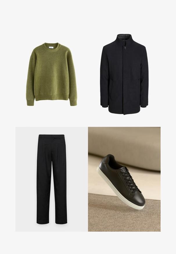 Pánsky čierny vlnový kabát s vysokým golierom, skrytým zipsom, jedným gombíkom a bočnými vreckami.; Olivovo zelený pletený sveter s okrúhlym výstrihom, s rebrovanými manžetami, spodným lemom a golierom, vystavený na bielom pozadí.; Čierne nohavice vyrobené z hladkej tkaniny, s rovnými nohavicami, dvoma prednými skladmi a štandardným pásom s pútkami na opasok.; Čierne kožené tenisky s bielou gumovou podrážkou a čiernymi šnúrkami, umiestnené na béžovom textilnom povrchu a pozadí.