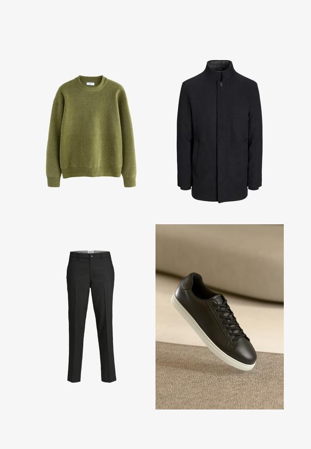 Vīriešu melns vilnas mētelis ar augstu apkakli, slēptu rāvējslēdžu, vienu pogu aizdari un sānu kabatām.; Olive zaļš džemperis ar apaļu kakla izgriezumu, adīts ar ribotiem piedurkņu galiem, apakšmalu un kakla izgriezumu, uz baltā fona.; Melni bikses, pielāgota piegriezuma, gluda auduma, vidēji augsta josta, priekšējā pogu aizdare, diagonalās kabatas un gurnu daļā ir krokas.; Melnas ādas sporta kurpes ar baltu gumijas zoli un melnām auklām, novietotas uz bēša auduma virsmas un fona.