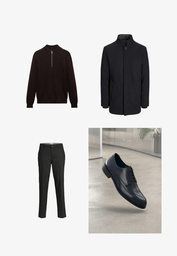 Svart ullrock för män med hög krage, dold dragkedja, singel knappstängning och sidofickor.; Mörkbrun stickad tröja med hög krage, fjärdedels dragkedja fram och ribbstruktur. Har långa ärmar och en avslappnad passform.; Svarta byxor, skräddarsydd passform, slätt tyg, medelhög midja, framknäppning, diagonala fickor och veckdetaljering längs benen.; Glansig svart läderklädd sko med snörning, svävande över ett slätt, ljusgrått golv och vertikala metallstänger i bakgrunden.