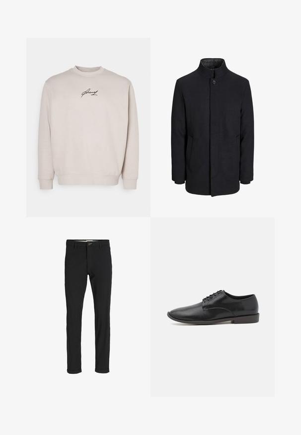 Cappotto da uomo in lana nera con colletto alto, zip nascosta, chiusura a un bottone e tasche laterali.; Felpa beige realizzata in morbido tessuto, con colletto tondo, maniche lunghe e un logo ricamato nero sul petto. Vestibilità regolare.; Pantaloni neri in cotone misto con vestibilità slim, dotati di chiusura con bottone, tasche e orli arrotolati per un look informale.; Scarpa nera in pelle con lacci, finitura liscia, punta arrotondata e suola in gomma bassa. Design minimalista senza ulteriori decorazioni.