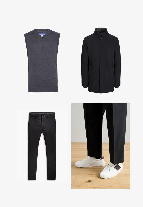 Men's black wool coat with high collar, concealed zipper, single button closure, and side pockets.; Gray sleeveless sweater with a v-neck, made of a smooth knit fabric. Features a ribbed hem and a small logo patch on the side.; Black cotton chinos with a tapered fit, featuring five pockets, belt loops, and a smooth texture. Zip fly with a button closure.; White sneakers with smooth texture, featuring brown leather accents and black detailing, paired with black tailored pants. Wooden floor background.