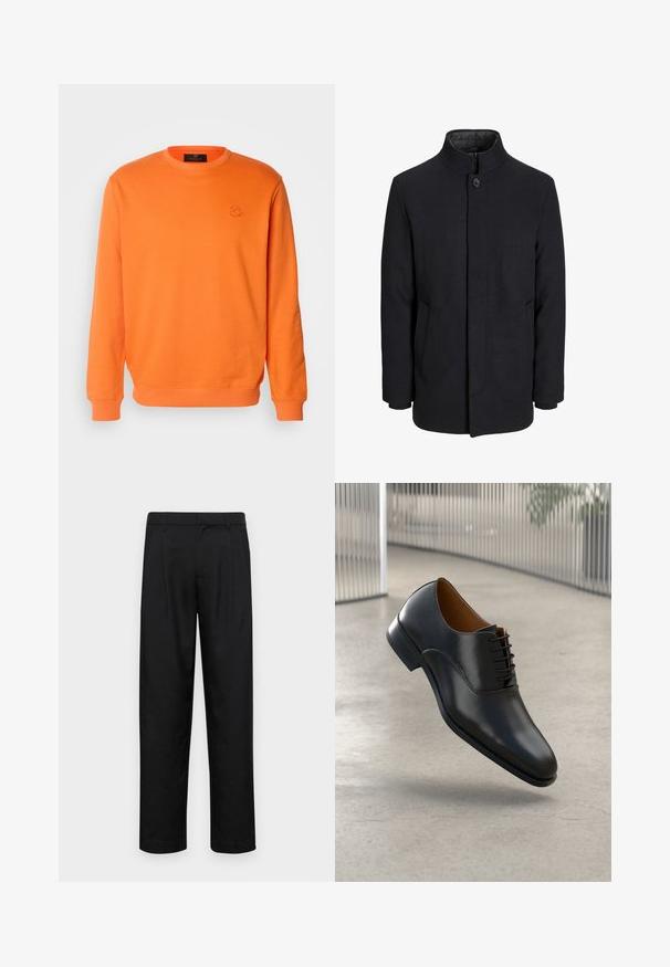 Cappotto da uomo in lana nera con colletto alto, zip nascosta, chiusura a un bottone e tasche laterali.; Felpa arancione in cotone con collo rotondo, maniche lunghe e polsini a coste. Presenta un piccolo logo in rilievo sul petto.; Pantaloni neri realizzati in tessuto liscio, caratterizzati da un taglio dritto, due pieghe frontali e una vita standard con passanti per la cintura.; Scarpe eleganti in pelle nera con finitura liscia, punta affusolata e design con lacci. Presentano una cucitura sottile lungo la suola.