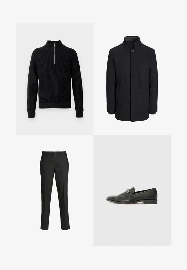 Vīriešu melns vilnas mētelis ar augstu apkakli, slēptu rāvējslēdžu, vienu pogu aizdari un sānu kabatām.; Melnā adīta džemperis ar augstu apkakli un pusgaismu. Tekstūrēts vafeļu raksts, pieguļoši piedurkņu gali un apakšmalas.; Melni bikses, pielāgota piegriezuma, gluda auduma, vidēji augsta josta, priekšējā pogu aizdare, diagonalās kabatas un gurnu daļā ir krokas.; Melna ādas loafer izmēra apavi ar gludu virsmu, piedāvā ar šūtu dizainu un dekoratīvu metāla ķēdes akcentu pār vampu. Plakana papēža daļa.