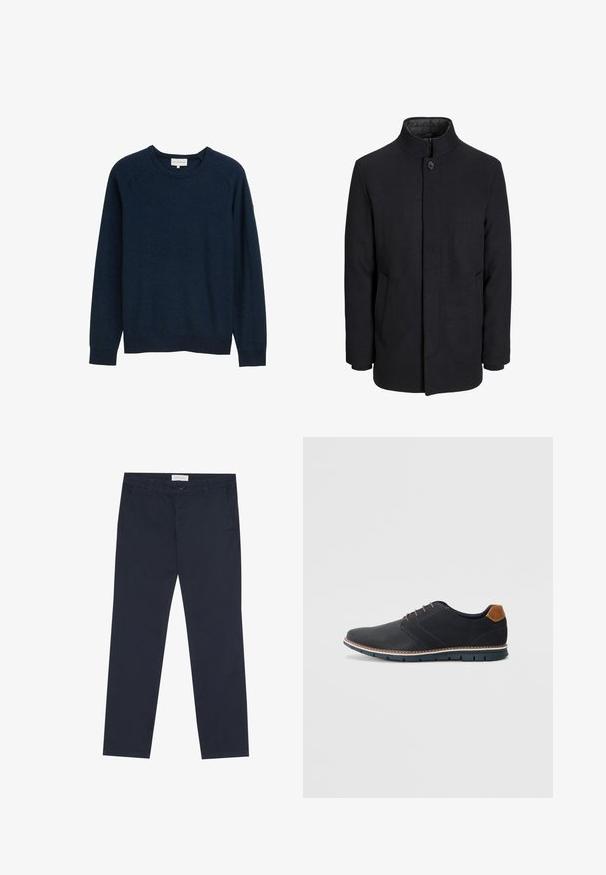 Vyriškas juodas vilnonis paltas su aukštu apykakle, užslėptu užtrauktuku, vienu užsegimu ir šoninėmis kišenėmis.; Tamsiai mėlynas apvalios iškirptės megztinis, pagamintas iš tekstūruoto audinio, su ilgomis rankovėmis ir iškiliais rankogaliais, ant rankovės yra mažas logotipo detalė.; Tamsiai mėlyni džinsai, pagaminti iš medvilnės, su glotnia tekstūra, turintys užtrauktuką, dirželių kilpas ir šonines kišenes funkcionalumui.; Juodi sintetiniai batai su tekstūruotu paviršiumi, lygiomis detalėmis, ruda kulna ir kontrastingu padu. Yra minimalus raištelių užsidėjimas ir siuvimo detalės.