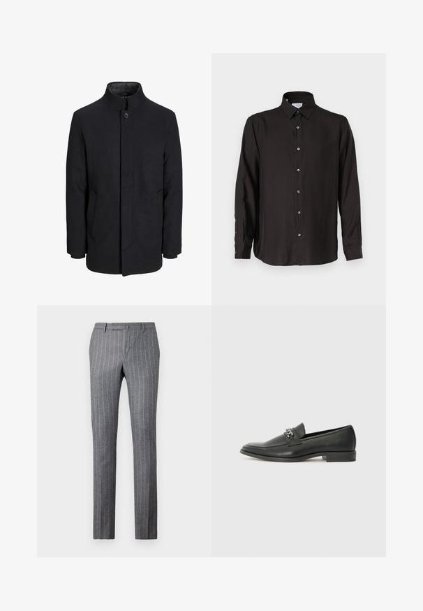 Men's svart ullfrakk med høy krage, skjult glidelås, en knapp lukking og sidelommer.; Svart langermet skjorte laget av glatt stoff, med knapper foran, spiss krage og rundet kant med kontrastknapper.; Grå stripete bukser laget av strukturert stoff, med klassisk design, rett passform og to frontlommer.; Sorte skinnloafers med en glatt finish, og med en sydd design og en dekorativ metallkjedeakcent over foten. Flat hæl.