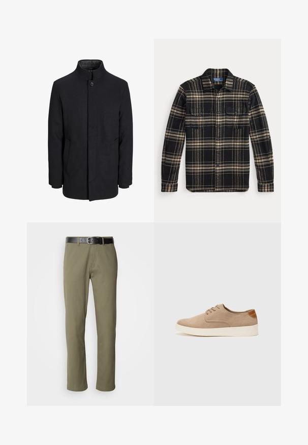 Férfi fekete gyapjú kabát magas gallérral, rejtett cipzárral, egy gombos záródással és oldalzsebekkel.; Fekete és barna kockás flanel ing hosszú ujjakkal, két mellzsebbel és gombos záródással, puha textúrával és kontrasztos mintákkal.; Olivazöld egyenes szárú pamutnadrág fekete bőrövmellénnyel, látható varrással és oldalsó zsebekkel.; Beige velúr sportcipő, kerek orral, fűzős elülső résszel és textúrált hátsó részlettel. Fehér gumitalp kontrasztot ad. Egyszerű és modern design.