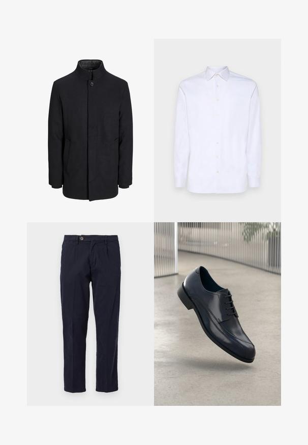 Manteau en laine noir pour homme avec col haut, fermeture éclair dissimulée, fermeture à un bouton et poches latérales.; Chemise blanche à manches longues, boutonnée, en coton lisse, avec un col pointu et six boutons sur le devant, dotée de poignets standards.; Chinos en coton bleu marine, à jambe droite, avec une fermeture à un bouton et des poches latérales inclinées. Texture lisse avec peu de froissements.; Souliers habillés en cuir noir brillant avec des lacets, flottant au-dessus d'un sol lisse gris clair et de barres métalliques verticales en arrière-plan.