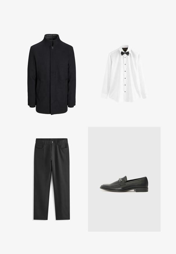 Pánsky čierny vlnový kabát s vysokým golierom, skrytým zipsom, jedným gombíkom a bočnými vreckami.; Biele košeľové tričko vyrobené z bavlny, s dlhými rukávmi, čiernym motýlikom a čiernymi gombíkmi na prednej strane.; Next SKINNY FIT PLAIN - Nohavice - black; Čierne kožené loafers s hladkým povrchom, s prešitým dizajnom a dekoratívnym kovovým reťazovým akcentom cez priehlavok. Plochý podpätok.