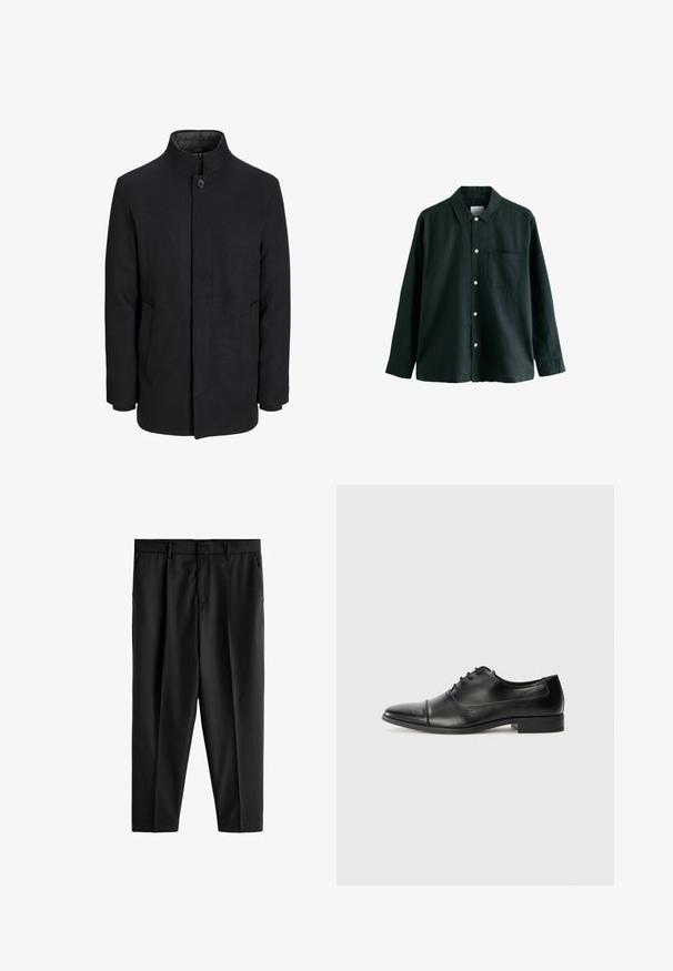 Svart ullrock för män med hög krage, dold dragkedja, singel knappstängning och sidofickor.; Mörkgrön skjorta med knappar, krage, lång ärm och en enda bröstficka; har vita knappar och en mjuk textur.; Next REGULAR FIT - Kostymbyxor - black; Svart läderskor med spetsig tå, snörning och subtila sömnadsdetaljer. Har en låg blockklack och en jämn glänsande yta.