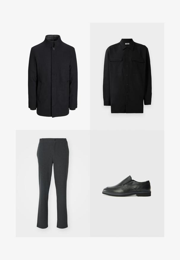 Manteau en laine noir pour homme avec col haut, fermeture éclair dissimulée, fermeture à un bouton et poches latérales.; Chemise noire à manches longues en tissu lisse, dotée d'un col classique, de deux poches devant et de poignets à boutons.; Pantalon gris foncé en tissu texturé ; design à jambe droite avec un bouton à l'avant et des poches latérales discrètes.; Chaussure slip-on en cuir noir avec une tige lisse, des accents cousus, un bout arrondi et un petit talon en caoutchouc. La semelle présente un profil de traction minimal.