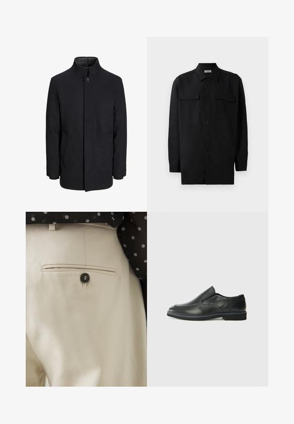 Moška črna volnena jakna z višjim ovratnikom, skritim zadrgo, enojnim gumbom za zapiranje in stranskimi žepi.; Črn srajčni zgornji del iz gladkega materiala, s klasičnim ovratnikom, dvema sprednjima žepoma in dolgimi rokavi z gumbi na manšetah.; Bež hlače z teksturirano tkanino, z zadnjim žepom, zaprtim s črnim gumbom. Nežna kvačkanja ob robu žepa.; Črne usnjene natikače z gladkim zgornjim delom, prišitimi detajli, zaobljenim nosom in nizkim gumijastim petkom. Podplat ima minimalen profil.