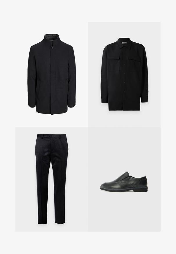 Vyriškas juodas vilnonis paltas su aukštu apykakle, užslėptu užtrauktuku, vienu užsegimu ir šoninėmis kišenėmis.; Juodas marškinis su mygtukais, pagamintas iš lygaus audinio, turi klasikinius apykaklės, du priekiniai kišeniai ir ilgus rankovės su mygtukais.; Lieknos juodos kelnės iš lygios medžiagos, su plokščiu priekiniu dalimi, diržo kilpomis ir uždara apatine dalimi, suteikiančios klasikinę ir pritaikytą siluetą.; Juodai odiniai įtvirtinimo batai su lygiu paviršiumi, siuvinėjimo akcentais, apvalia nosimi ir žemu guminiu kulnu. Pado raštas minimalus.