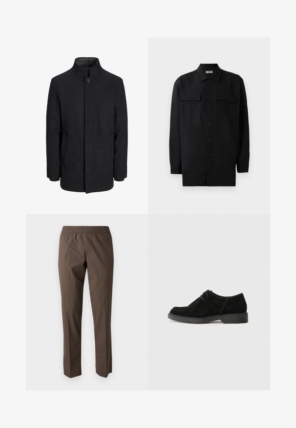 Miestenský čierny vlnený kabát s vysokým golierom, skrytým zipsom, jedným gombíkom na zapínanie a bočnými vreckami.; Musta napillinen paita, joka on valmistettu sileästä kankaasta. Paita sisältää klassisen kaulan, kaksi etutaskua ja pitkät hihat, joissa on nappivarat.; Ruskeat housut, jotka on valmistettu sileästä kankaasta, ja joissa on joustava vyötärö, suora lahje ja ei näkyviä taskuja tai koristeluja.; Musta mokkanahkakengät pyöreällä varvalla, kontrastivärillä ommeltuna ja kumipohjalla. Ominaisuuksiin kuuluu vähäinen nauhoitus ja sileä yläosa.