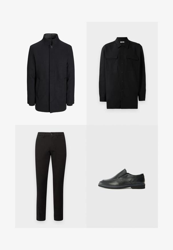 Vyriškas juodas vilnonis paltas su aukštu apykakle, užslėptu užtrauktuku, vienu užsegimu ir šoninėmis kišenėmis.; Juodas marškinis su mygtukais, pagamintas iš lygaus audinio, turi klasikinius apykaklės, du priekiniai kišeniai ir ilgus rankovės su mygtukais.; Juodi chinos kelniai su liesu siluetu, pagaminti iš medvilnės mišinio. Su priekiniais mygtukais ir penkiomis kišenėmis. Slypi tekstūra, minimalus dekoravimas.; Juodai odiniai įtvirtinimo batai su lygiu paviršiumi, siuvinėjimo akcentais, apvalia nosimi ir žemu guminiu kulnu. Pado raštas minimalus.