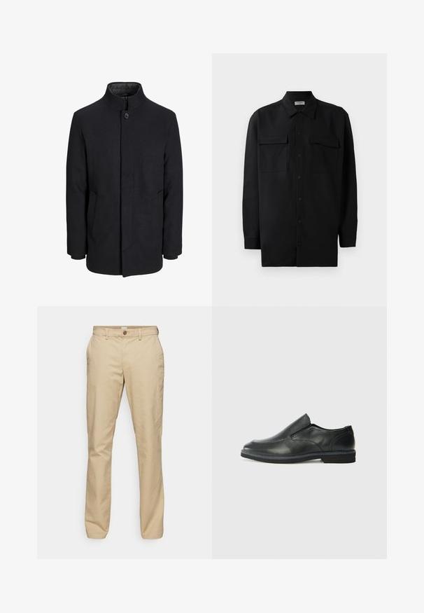 Men's black wool coat with high collar, concealed zipper, single button closure, and side pockets.; Black button-up shirt made of smooth fabric, featuring a classic collar, two front pockets, and long sleeves with button cuffs.; Beige trousers made of cotton, featuring a straight leg design, two side pockets, a single button fly, and cuffed hems.; Black leather slip-on shoe with a smooth upper, stitched accents, rounded toe, and a low rubber heel. Sole features minimal tread.