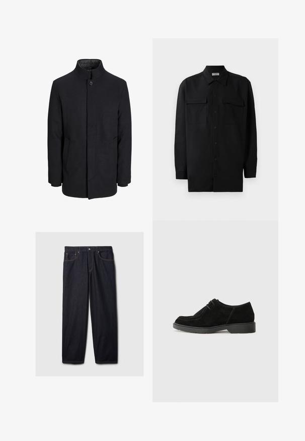 Meeste must villane mantel kõrge kraega, peidetud tõmblukk, ühe nööbiga kinnitamine ja küljetaskud.; Mustmust värvi nööpidega särk, mis on valmistatud sujuvast kangast, klassikalise kraega, kahe eesmise tasku ja pikkade varrukatega, millel on nööpidega mansetid.; Tumedat teksased sääred, otse lõikega, millel on nööbi ja lukuga kinn closure, kaks esikotti ja kontrastset oranžit niiti.; Mustmust suured kingad ümarate varvastega, kontrastset õmblust ja kummist tallaga. Omab minimaalset paelavarrast ja sujuvat ülemise disaini.