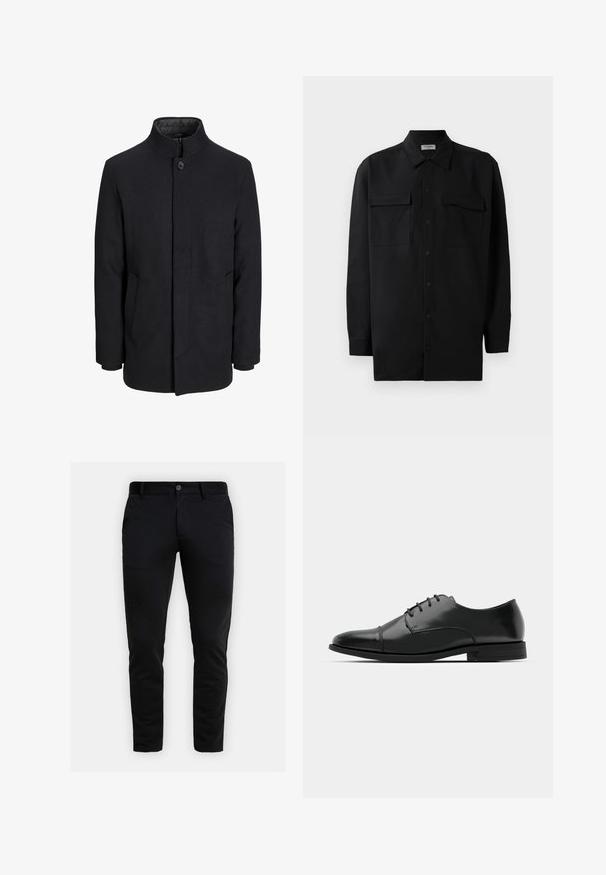 Muški crni vuneni kaput s visokim ovratnikom, skrivenim patentnim zatvaračem, jednim gumbom za zatvaranje i bočnim džepovima.; Crna košulja s dugim rukavima od glatkog materijala, s klasičnom kragnom, dva prednja džepa i dugmadima na manžetama.; Mršavi crni hlače s petljama za remen, prednjim gumbom za zatvaranje i bočnim džepovima, prikazane na svijetlo sivoj pozadini.; Crne kožne cipele s okruglim prstom, s vezanjem, suptilnim detaljima šivanja i niskim potplatima. Glatka tekstura s poliranim finišem.