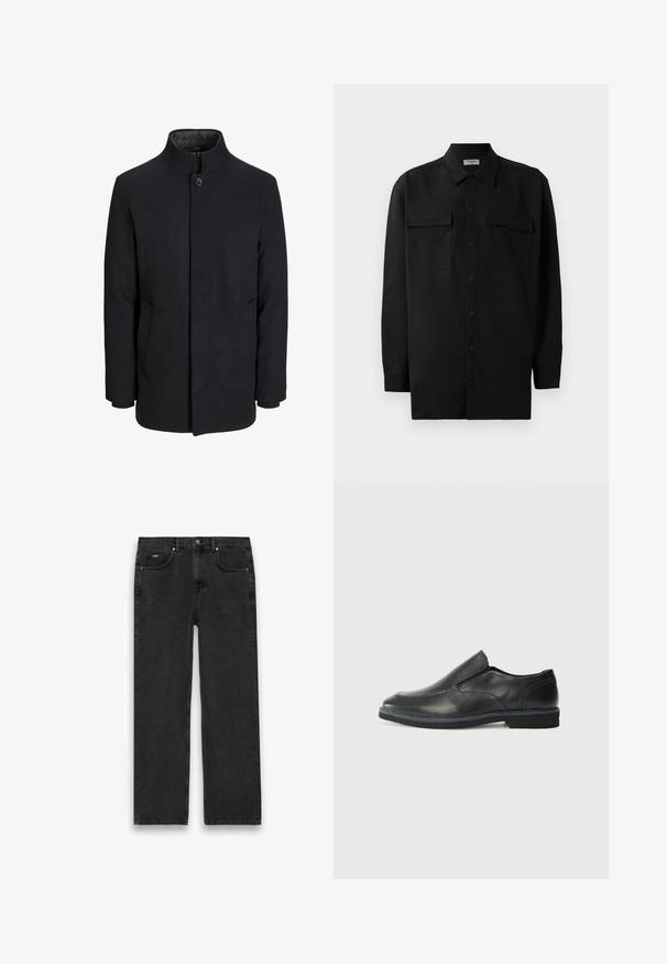 Meeste must villane mantel kõrge kraega, peidetud tõmblukk, ühe nööbiga kinnitamine ja küljetaskud.; Mustmust värvi nööpidega särk, mis on valmistatud sujuvast kangast, klassikalise kraega, kahe eesmise tasku ja pikkade varrukatega, millel on nööpidega mansetid.; Mustad teksased sirge lõikega, millel on viis taskut, nupplukuga ja kerge kulumine. Tekstuuriga kangas ja minimaalsed õmbluse detailid.; Must musta laia suuga king, millel on sile ülemine osa, õmmeldud detailid, ümmargune nina ja madal kummist konts. Tallal on minimaalne mustr.