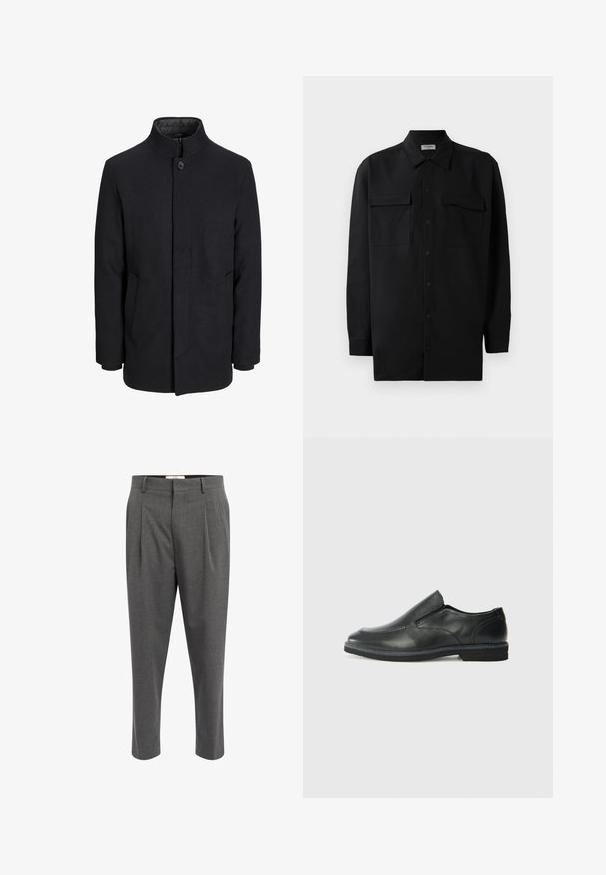 Meeste must villane mantel kõrge kraega, peidetud tõmblukk, ühe nööbiga kinnitamine ja küljetaskud.; Mustmust värvi nööpidega särk, mis on valmistatud sujuvast kangast, klassikalise kraega, kahe eesmise tasku ja pikkade varrukatega, millel on nööpidega mansetid.; Hallid hallid püksid, millel on tekstuuritud kangas, voldid, sirge sääre disain ja vööde jaoks silmused. Ei ole nähtavat riistvara ega aktsente.; Must musta laia suuga king, millel on sile ülemine osa, õmmeldud detailid, ümmargune nina ja madal kummist konts. Tallal on minimaalne mustr.