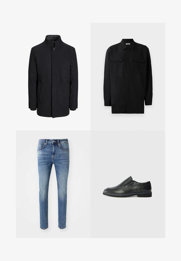 Moška črna volnena jakna z višjim ovratnikom, skritim zadrgo, enojnim gumbom za zapiranje in stranskimi žepi.; Črn srajčni zgornji del iz gladkega materiala, s klasičnim ovratnikom, dvema sprednjima žepoma in dolgimi rokavi z gumbi na manšetah.; Bledi svetlo modri jeans z ozkim krojem, petimi žepi, zadrgo in kovinsko gumbasto zapiranje ob pasu.; Črne usnjene natikače z gladkim zgornjim delom, prišitimi detajli, zaobljenim nosom in nizkim gumijastim petkom. Podplat ima minimalen profil.