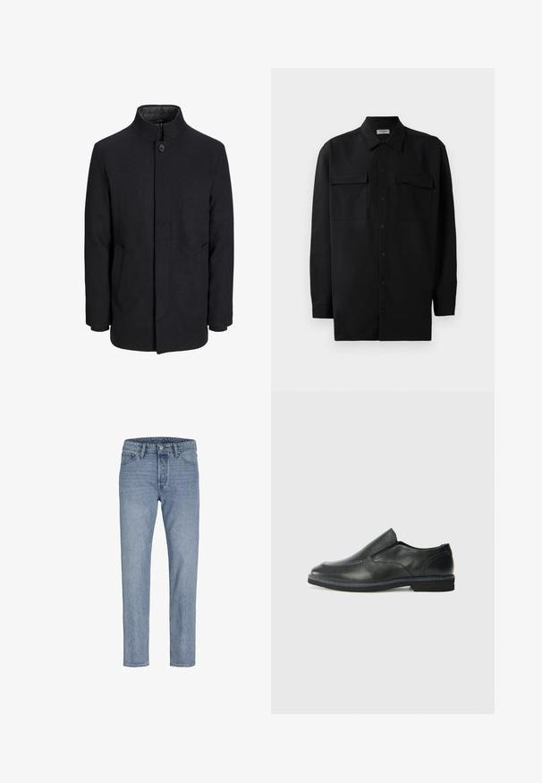 Svart ullrock för män med hög krage, dold dragkedja, singel knappstängning och sidofickor.; Svart knappened skjorta i slät tyg, med klassisk krage, två frampockets samt långa ärmar med knäppning vid handlederna.; Ljusblå denimjeans med rak benform, femficksdesign, sydda sömmar och knappstängning i midjan.; Svart lädersko i slip-on-modell med en slät ovandel, sömnadsdetaljer, rund tå och låg gummihäl. Sulan har minimal mönstring.