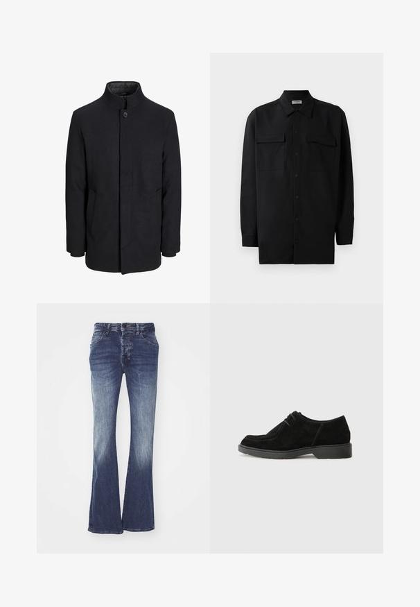 Moška črna volnena jakna z višjim ovratnikom, skritim zadrgo, enojnim gumbom za zapiranje in stranskimi žepi.; Črn srajčni zgornji del iz gladkega materiala, s klasičnim ovratnikom, dvema sprednjima žepoma in dolgimi rokavi z gumbi na manšetah.; Razširjene modre kavbojke z višjim pasom, ki vključujejo zbledelost od temne do svetle, pet žepov in gumb za zapiranje.; Črne semiš čevlje za posebne priložnosti z zaobljenim nosom, kontrastnim šivom in gumijastim podplatom. Imajo minimalistično vezanje in gladko zgornjo zasnovo.