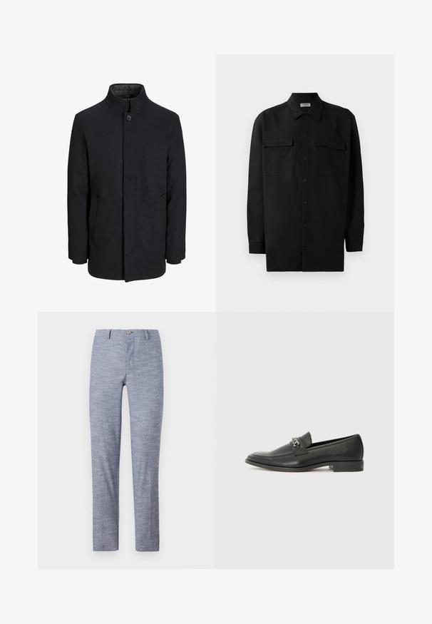 Vyriškas juodas vilnonis paltas su aukštu apykakle, užslėptu užtrauktuku, vienu užsegimu ir šoninėmis kišenėmis.; Juodas marškinis su mygtukais, pagamintas iš lygaus audinio, turi klasikinius apykaklės, du priekiniai kišeniai ir ilgus rankovės su mygtukais.; Šviesiai mėlyni kelnių pagaminti iš tekstūruoto audinio su subtiliu žuvies kaulo raštu. Yra mygtuko uždarymas ir pritaikytas siluetas.; Juodos odinės loafer tipo bateliai su lygiu paviršiumi, turintys siuvinėtą dizainą ir dekoratyvų metalo grandinėlės akcentą ant batų viršaus. Plokščias kulnas.