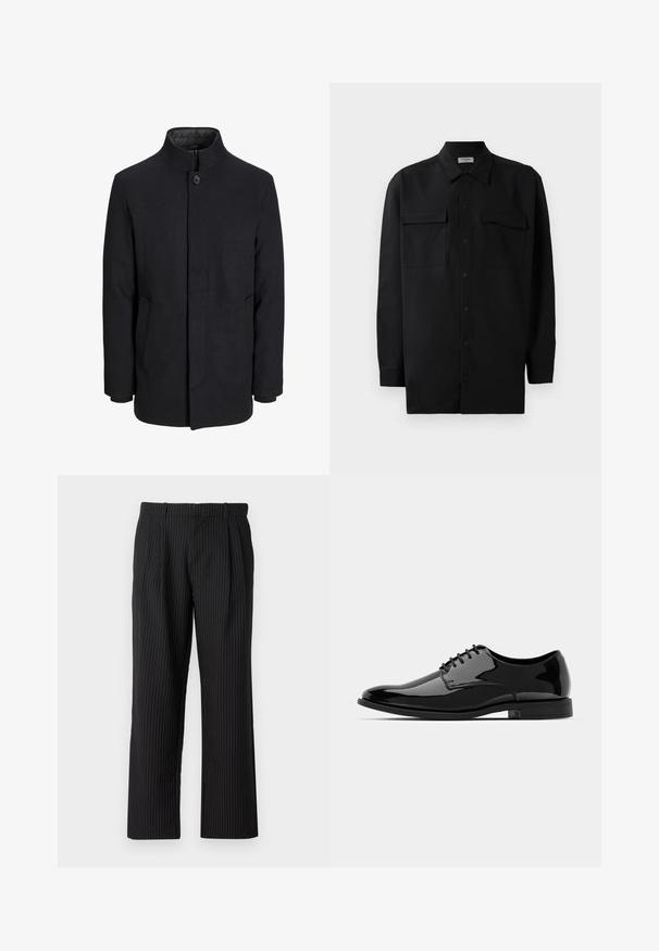 Manteau en laine noir pour homme avec col haut, fermeture éclair dissimulée, fermeture à un bouton et poches latérales.; Chemise noire à manches longues en tissu lisse, dotée d'un col classique, de deux poches devant et de poignets à boutons.; Jack & Jones JPSTBILL JJDAYTONA WIDE - Pantalon classique - black; Chaussure de dress en cuir verni noir avec un bout arrondi, un design à lacets et une surface lisse et brillante. Dispose d'une semelle en caoutchouc discrète.