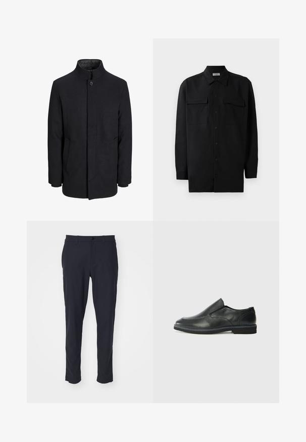Moška črna volnena jakna z višjim ovratnikom, skritim zadrgo, enojnim gumbom za zapiranje in stranskimi žepi.; Črn srajčni zgornji del iz gladkega materiala, s klasičnim ovratnikom, dvema sprednjima žepoma in dolgimi rokavi z gumbi na manšetah.; Temno modre krojene hlače, narejene iz gladkega materiala; vključujejo zaponko, obroče za pas in stranske žepe; zasnova s slim fit.; Črne usnjene natikače z gladkim zgornjim delom, prišitimi detajli, zaobljenim nosom in nizkim gumijastim petkom. Podplat ima minimalen profil.