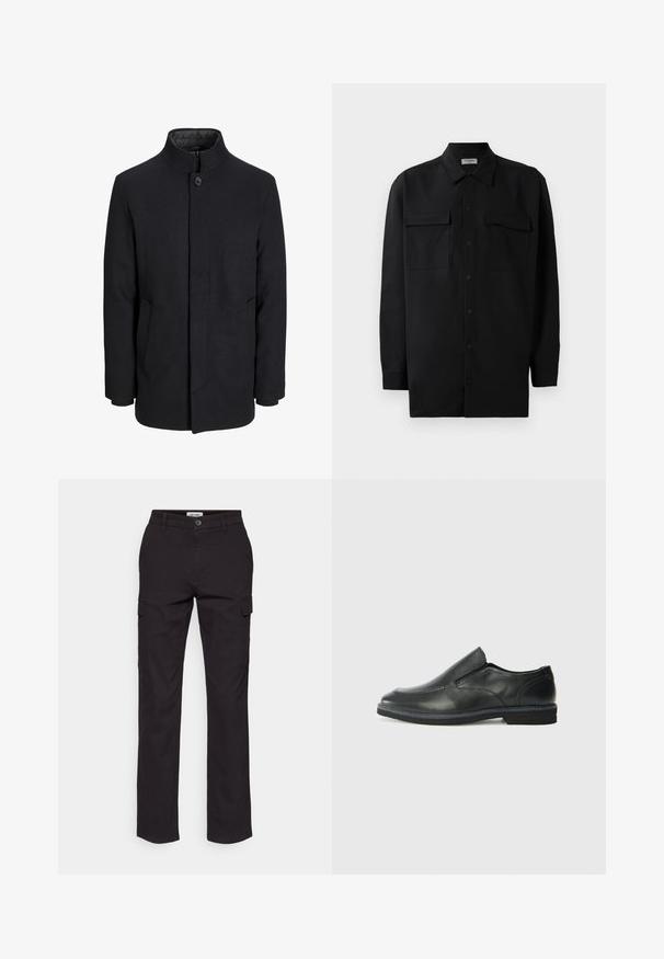 Cappotto da uomo in lana nera con colletto alto, zip nascosta, chiusura a un bottone e tasche laterali.; Camicia nera con bottoni realizzata in tessuto morbido, dotata di colletto classico, due tasche frontali e maniche lunghe con polsini a bottone.; Pantaloni cargo neri con un design a gamba dritta, dotati di tasche laterali, chiusura con bottone e un resistente tessuto in cotone misto.; Scarpa nera in pelle con inserto scivolare, superiore liscio, dettagli cuciti, punta arrotondata e tacco in gomma basso. La suola presenta un battistrada minimale.
