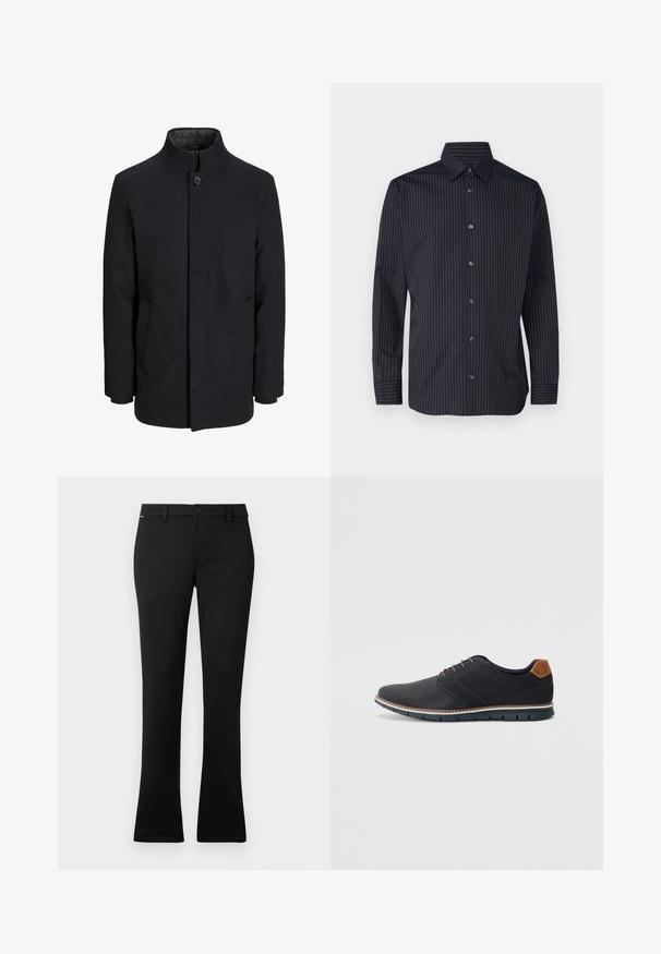 Zwart wollen mannenjas met hoge kraag, verborgen rits, sluiting met één knop en zijzakken.; Marineblauwe shirt met verticale bruine strepen, lange mouwen, button-down kraag en zes knopen aan de voorkant, met een soepele stof textuur.; Zwarte broek van gladde stof, met een rechte pasvorm en een lichte flare aan de onderkant, een sluiting met een knop aan de voorkant en riemlussen.; Zwarte synthetische schoenen met een gestructureerde bovenkant, gladde accenten, bruine hak en een contrasterende zool. Bevat minimale veters en stikdetails.