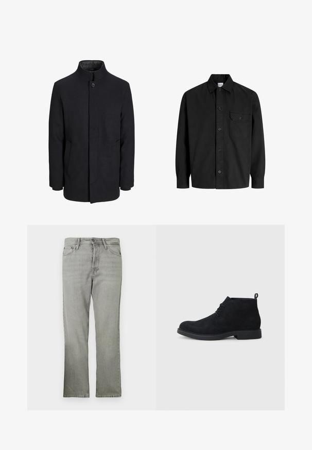 Cappotto da uomo in lana nera con colletto alto, zip nascosta, chiusura a un bottone e tasche laterali.; Camicia nera a maniche lunghe con bottoni, colletto e una tasca sul petto con patella chiusa da un bottone.; Jeans in denim grigio chiaro con taglio dritto, dotati di cinque tasche, chiusura frontale con zip e leggero effetto sbiadito.; Stivaletti neri in suede sopra la caviglia con punta arrotondata, design alla allacciatura e suola in gomma testurizzata. Presentano una piccola linguetta sul retro.