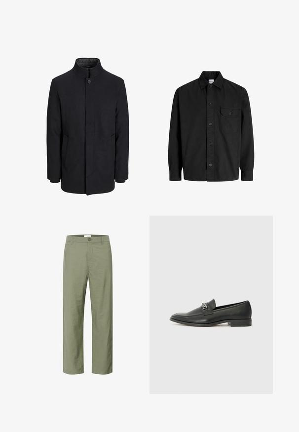 Pánský černý vlněný kabát s vysokým límcem, skrytým zipem, zapínáním na jeden knoflík a bočními kapsami.; Černá košile s dlouhým rukávem a knoflíkovým zapínáním, s límečkem a jednou náprsní kapsou, která má knoflíkový klapku.; Světle olivové kalhoty vyrobené z hladké, lehké látky. Mají přední zapínání na knoflík a klasický rovný střih nohavic.; Černé kožené mokasíny s hladkým povrchem, s prošívaným designem a dekoračním kovovým řetízkem přes nárt. Plochý podpatek.