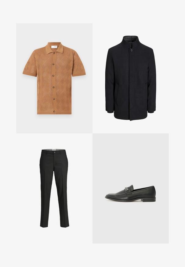 Vyriškas juodas vilnonis paltas su aukštu apykakle, užslėptu užtrauktuku, vienu užsegimu ir šoninėmis kišenėmis.; Šviesiai ruda trumpų rankovių marškinėliai iš megztos medžiagos su deimanto raštais, turintys apykaklę ir mygtukų užsegimą su rudais mygtukais.; Juodos kelnes, pritaikytas siluetas, lygus audinys, vidutinio aukščio liemuo, priekyje su užsegimu, kampinės kišenės ir raukšlės detalės palei kojas.; Juodos odinės loafer tipo bateliai su lygiu paviršiumi, turintys siuvinėtą dizainą ir dekoratyvų metalo grandinėlės akcentą ant batų viršaus. Plokščias kulnas.
