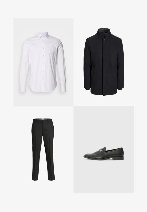 Muški crni vuneni kaput s visokim ovratnikom, skrivenim patentnim zatvaračem, jednim gumbom za zatvaranje i bočnim džepovima.; Bijela košulja dugih rukava s malim mornarskim točkicama, okruglim ovratnikom i suptilnom sjajnošću, koja ima zaobljeni rub i standardno dugme sprijeda.; Crne hlače, krojene u prilagodljivom fitu, glatka tkanina, srednji struk, prednje kopčanje na dugme, dijagonalni džepovi i pregibi duž nogu.; Crna kožna loafer cipela s glatkom finišem, s ušivenim uzorkom i dekorativnim metalnim lancem preko prednjeg dijela. Ravni potplat.