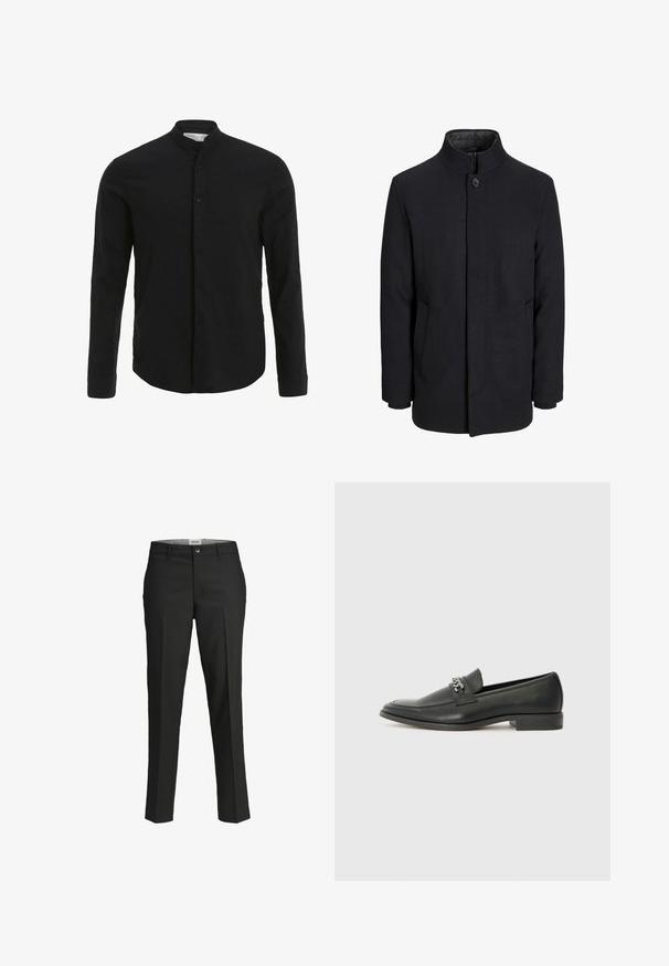 Men's black wool coat with high collar, concealed zipper, single button closure, and side pockets.; Black long-sleeve shirt with a band collar, front button closure, and a smooth texture. Straight hem and fitted design.; Black trousers, tailored fit, smooth fabric, mid-rise waist, front button closure, diagonal pockets, and crease detailing down the legs.; Black leather loafer with a smooth finish, featuring a stitched design and a decorative metal chain accent across the vamp. Flat heel.