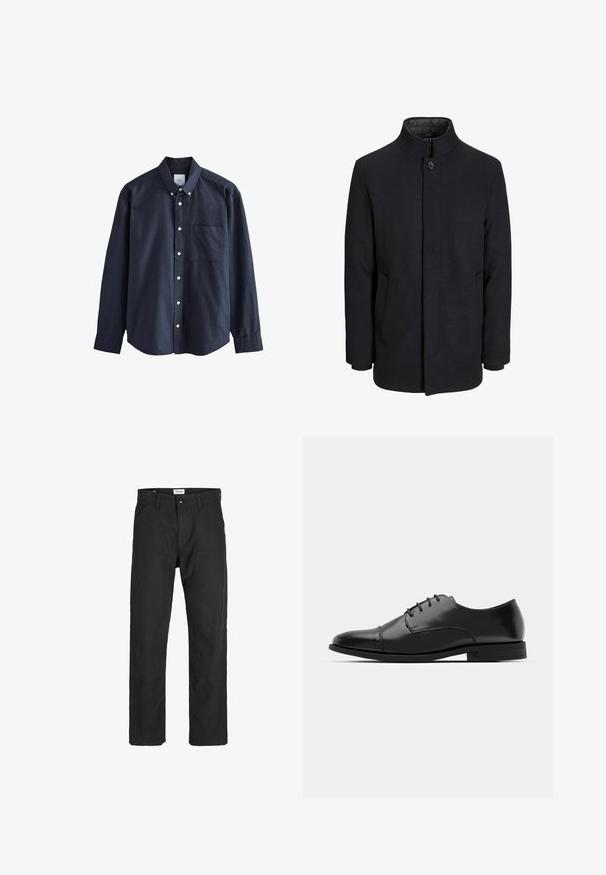 Zwart wollen mannenjas met hoge kraag, verborgen rits, sluiting met één knop en zijzakken.; Marineblauwe knoopsluiting shirt van katoen, met een puntkraag, lange mouwen, een borstzak en witte knopen.; Zwarte broeken gemaakt van duurzame stof, met een recht gesneden ontwerp, gestikte accenten en twee voorzakken voor functionaliteit.; Zwarte leren dresschoenen met een ronde neus, vetersluiting, subtiele stiksels en een lage hak. Glad oppervlak met gepolijste afwerking.