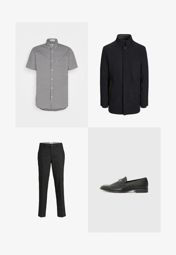 Men's black wool coat with high collar, concealed zipper, single button closure, and side pockets.; Short-sleeve button-up shirt in black and white gingham pattern, cotton material, pointed collar, and chest pocket detail.; Black trousers, tailored fit, smooth fabric, mid-rise waist, front button closure, diagonal pockets, and crease detailing down the legs.; Black leather loafer with a smooth finish, featuring a stitched design and a decorative metal chain accent across the vamp. Flat heel.