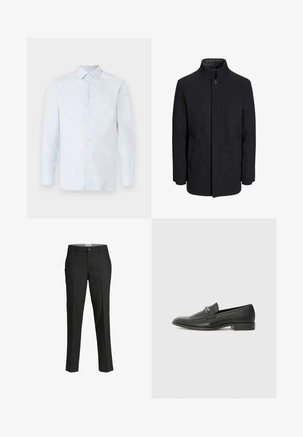 Men's black wool coat with high collar, concealed zipper, single button closure, and side pockets.; Light blue long-sleeve shirt made from cotton, featuring a button-down collar, front placket with buttons, and a smooth, textured finish.; Black trousers, tailored fit, smooth fabric, mid-rise waist, front button closure, diagonal pockets, and crease detailing down the legs.; Black leather loafer with a smooth finish, featuring a stitched design and a decorative metal chain accent across the vamp. Flat heel.