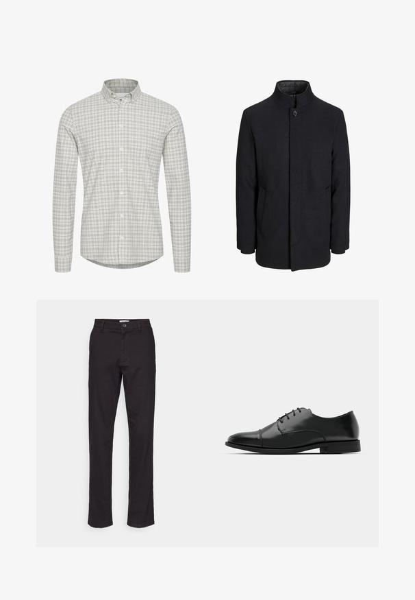 Herren schwarzer Wollmantel mit hohem Kragen, verdecktem Reißverschluss, einreihigem Knopfverschluss und Seitentaschen.; Weißes Hemd mit Knöpfen und einem hellgrauen und dunkelgrauen Karomuster, mit langen Ärmeln und klassischem Kragendesign.; Schwarze Baumwollhose mit geradem Bein, ausgestattet mit einem vorderen Knopfverschluss und seitlichen Taschen. Glatte Textur und minimale Details.; Schwarzer Leder-Dieerschuh mit runder Zehenform, Schnürdesign, dezenten Nähdetails und niedrigem Absatz. Glatte Textur mit polierter Oberfläche.