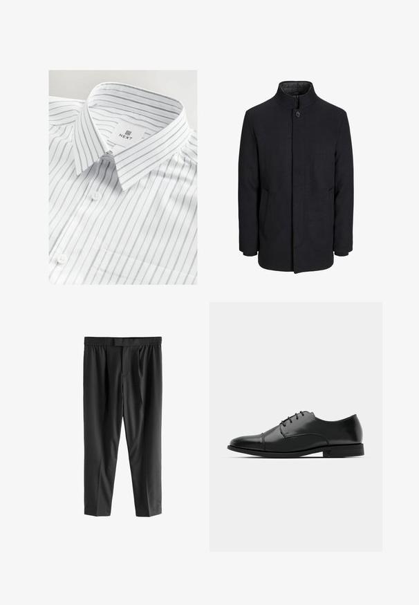 Herre sort uldfrakke med høj krave, skjult lynlås, enkelt knaplukning og sidelommer.; Hvid skjorte med tynde grå lodrette striber, button-down krave, enkelt brystlomme og mærketikette syet ind i kraven.; Next REGULAR FIT -CHECK SMART - Chino - black; Sort læder dress-sko med rund tå, snørebåndsdesign, diskrete syninger og lav hæl. Glat tekstur med poleret finish.