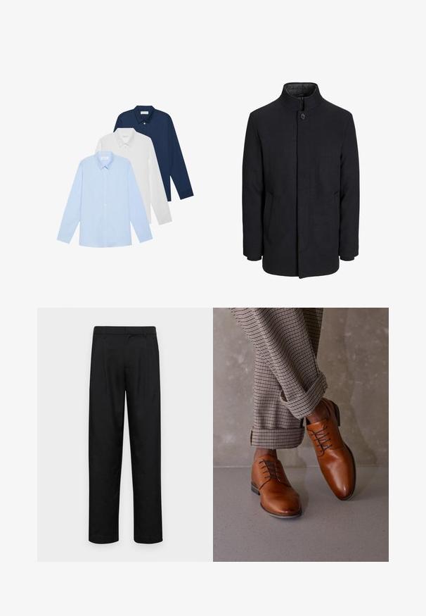 Férfi fekete gyapjú kabát magas gallérral, rejtett cipzárral, egy gombos záródással és oldalzsebekkel.; Három hosszúujjú ing: világoskék, fehér és tengerészkék. Mindegyik klasszikus galléros és gombos előlapi, sima anyagból készült.; Fekete nadrág sima anyagból, egyenes szárú fazonnal, két elülső redővel és közönséges derékkal, övhurkokkal.; Barna bőrcipők kerek orral, öt szemlyukú fűzős kialakítással és eltérő sötét fűzőkkel rendelkeznek. A nadrág kockás, a szárán fel van hajtva.