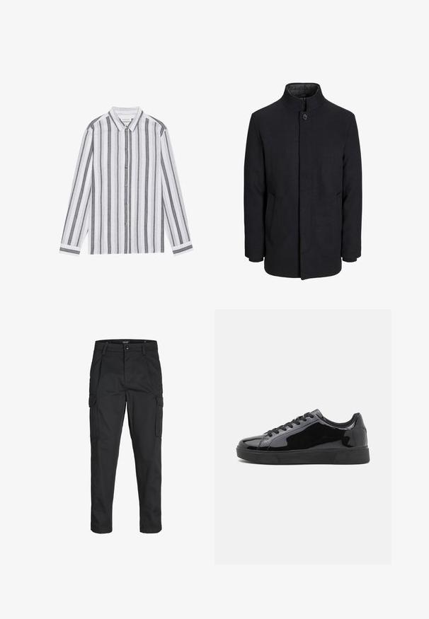 Cappotto da uomo in lana nera con colletto alto, zip nascosta, chiusura a un bottone e tasche laterali.; Camicia con maniche lunghe e bottoni di colore bianco con righe verticali nere. Realizzata in un tessuto leggero, presenta un colletto classico e polsini.; Pantaloni cargo neri realizzati in un tessuto resistente, dotati di molteplici tasche, chiusura con bottone e un design aderente con gambe affusolate.; Sneakers in vernice nera con punta tonda, suola piatta in gomma e lacci neri. Superficie superiore liscia e lucida.