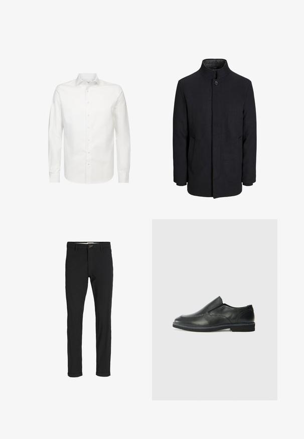 Zwart wollen mannenjas met hoge kraag, verborgen rits, sluiting met één knop en zijzakken.; Witte langetermijn blouse gemaakt van gladde stof, met een klassieke kraag en volledige knopen voor. Heeft een regular fit en geen zichtbare patronen.; Zwarte katoenen broek van een katoenmix met een slim fit, voorzien van een knoopsluiting, zakken en opgerolde mouwen voor een casual afwerking.; Zwarte leren instapper met een soepele bovenkant, gestikte accenten, ronde neus en een lage rubberen hak. De zool heeft minimale profiel.